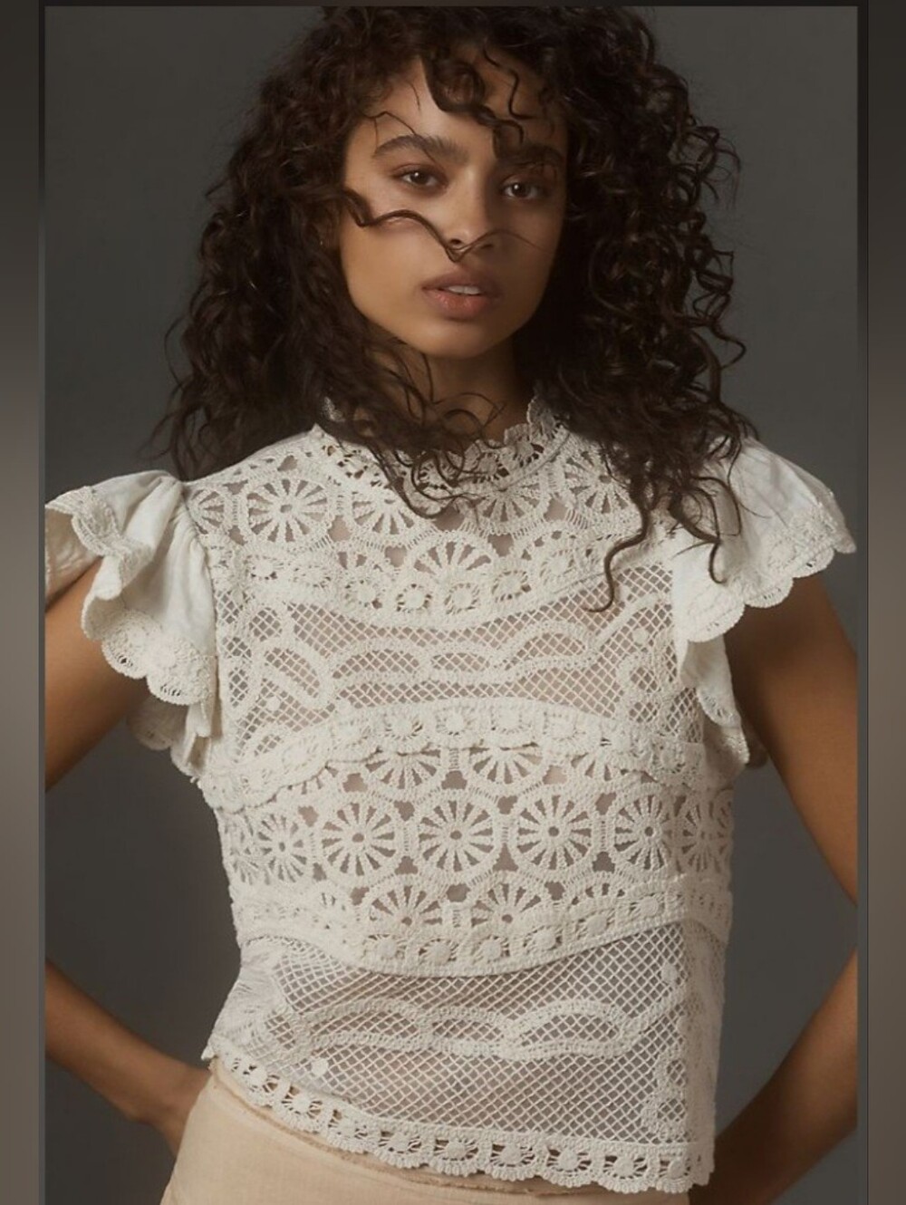 Ollari New York Dori Ruffle Sleeve Crochet Lace Top in Cream. Size L